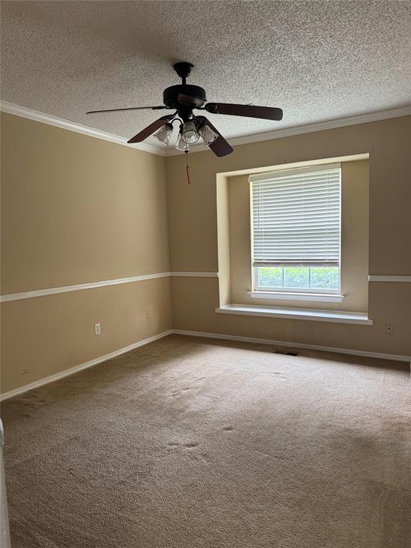 empty room featuring a textured ceiling, crown molding, carpet flooring, ceiling fan, and baseboards