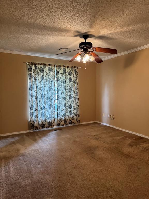 spare room with a ceiling fan, a textured ceiling, carpet, and crown molding