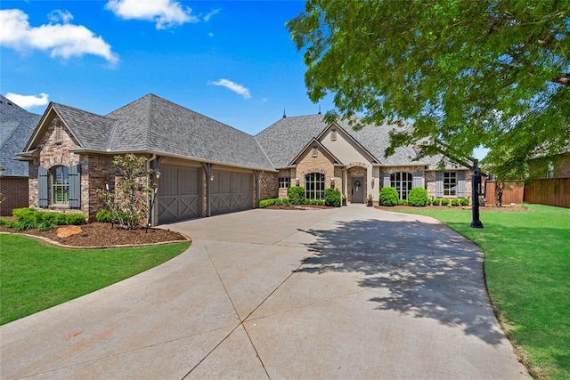 french country home with fence, an attached garage, a front lawn, brick siding, and concrete driveway