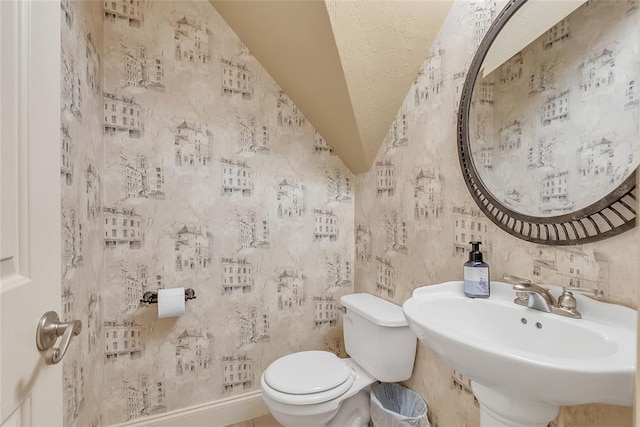 half bathroom with toilet, vaulted ceiling, and a sink