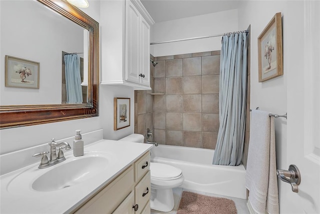full bath with vanity, tile patterned floors, toilet, and shower / bath combination with curtain