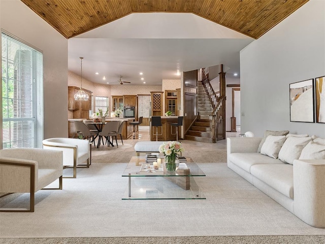 3601 Rena Dawn Ln, Edmond, OK 73013 - living room with recessed lighting, high vaulted ceiling, wood ceiling, and stairway