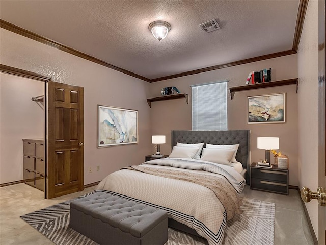 3601 Rena Dawn Ln, Edmond, OK 73013 - bedroom with visible vents, ornamental molding, a textured ceiling, and light carpet
