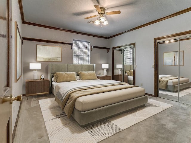 3601 Rena Dawn Ln, Edmond, OK 73013 - bedroom featuring ceiling fan, a textured ceiling, baseboards, ornamental molding, and light carpet