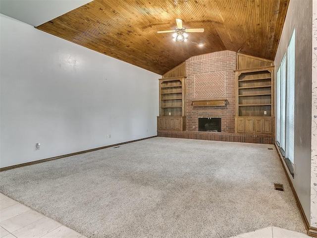 3601 Rena Dawn Ln, Edmond, OK 73013 - unfurnished living room with visible vents, built in features, ceiling fan, wooden ceiling, and vaulted ceiling