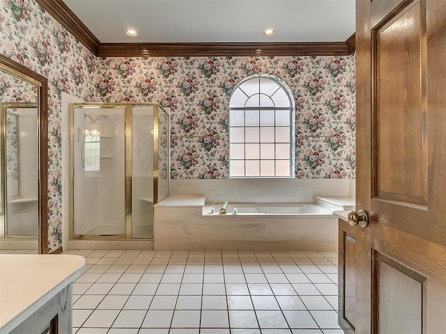 3601 Rena Dawn Ln, Edmond, OK 73013 - full bath featuring wallpapered walls, ornamental molding, and tile patterned floors