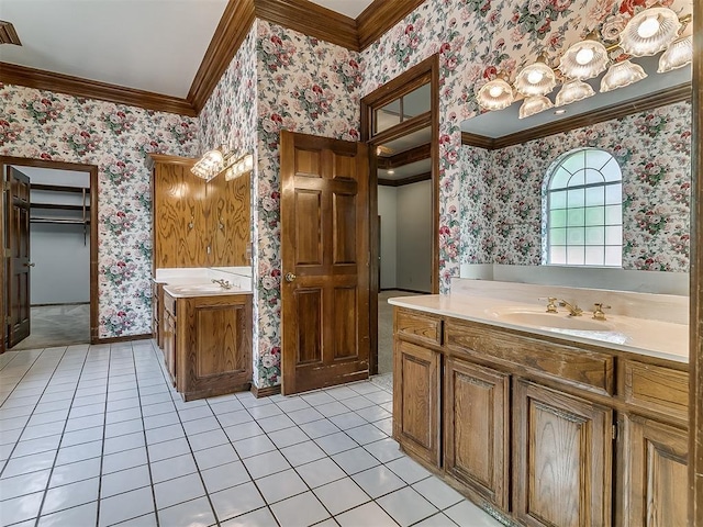 3601 Rena Dawn Ln, Edmond, OK 73013 - bathroom with crown molding, tile patterned flooring, and wallpapered walls