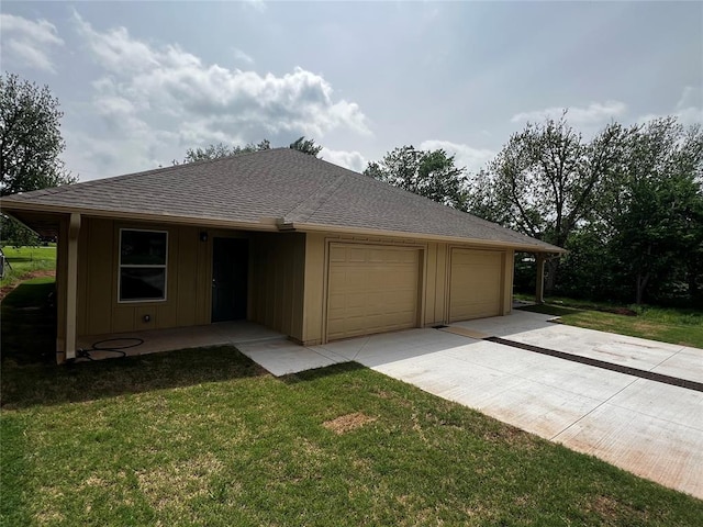 ranch-style home featuring board and batten siding, driveway, roof with shingles, a front lawn, and an attached garage