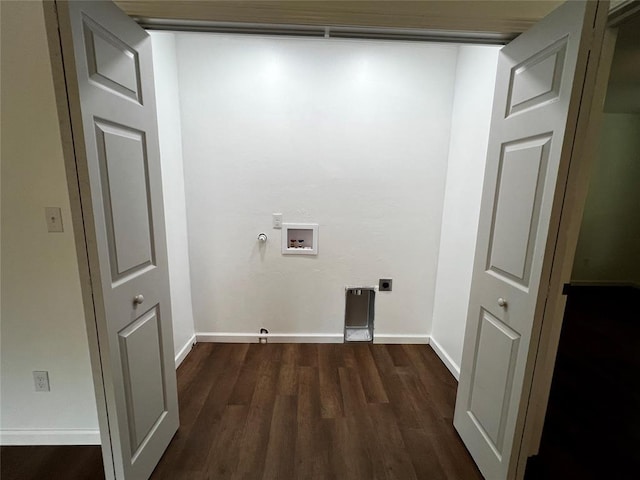 laundry area with hookup for an electric dryer, dark wood-style floors, hookup for a gas dryer, hookup for a washing machine, and baseboards