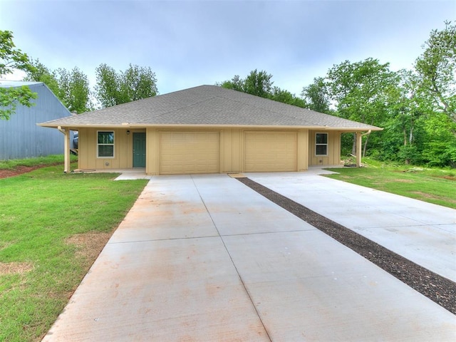 1823 E Rutgers Ave, Guthrie, OK 73044 - single story home featuring a garage, a front lawn, roof with shingles, board and batten siding, and driveway