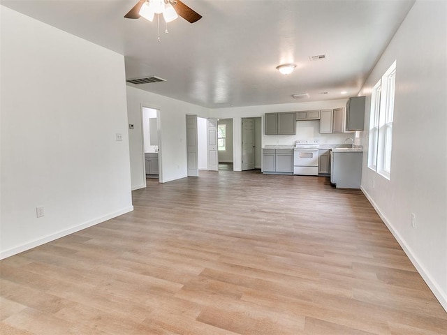 1823 E Rutgers Ave, Guthrie, OK 73044 - unfurnished living room featuring visible vents, baseboards, ceiling fan, light wood-type flooring, and a sink