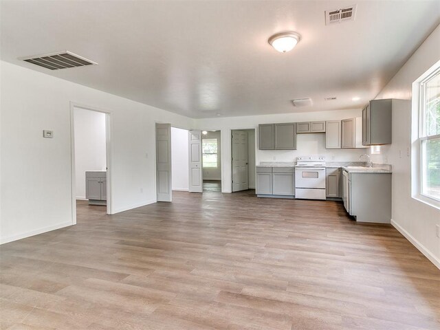 1823 E Rutgers Ave, Guthrie, OK 73044 - kitchen featuring visible vents, a sink, white electric range oven, and gray cabinetry