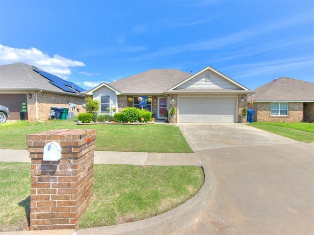 ranch-style house with an attached garage, a front lawn, brick siding, and concrete driveway