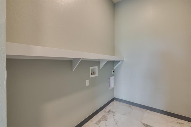 washroom with washer hookup, electric dryer hookup, laundry area, baseboards, and marble finish floor