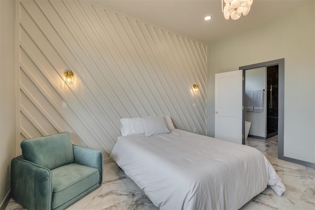 bedroom featuring recessed lighting, marble finish floor, a notable chandelier, and baseboards