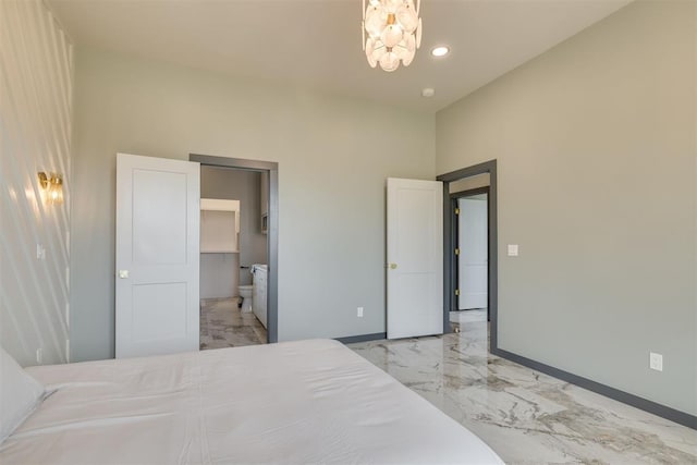 bedroom featuring recessed lighting, an inviting chandelier, marble finish floor, ensuite bathroom, and baseboards