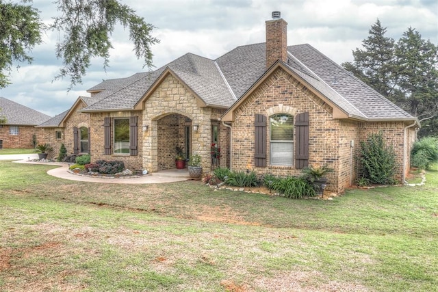 1400 S May Ave, Guthrie, OK 73044 - french provincial home featuring a shingled roof, a front lawn, a chimney, brick siding, and stone siding