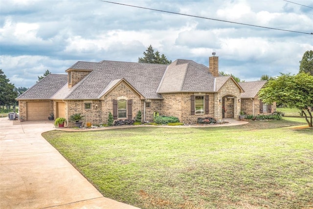 1400 S May Ave, Guthrie, OK 73044 - view of front of home with concrete driveway, an attached garage, a chimney, and a front yard