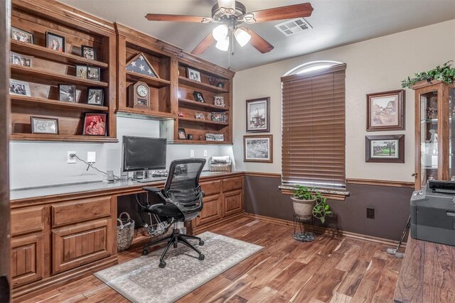 1400 S May Ave, Guthrie, OK 73044 - home office featuring ceiling fan, built in study area, and light wood-type flooring