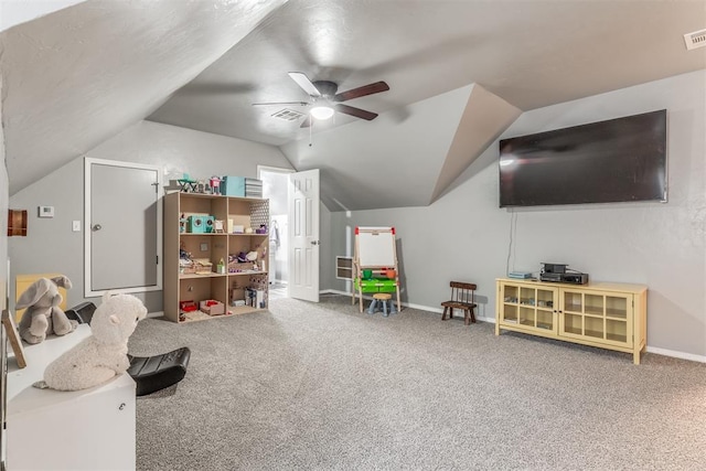 1400 S May Ave, Guthrie, OK 73044 - recreation room with carpet flooring, lofted ceiling, a ceiling fan, and baseboards