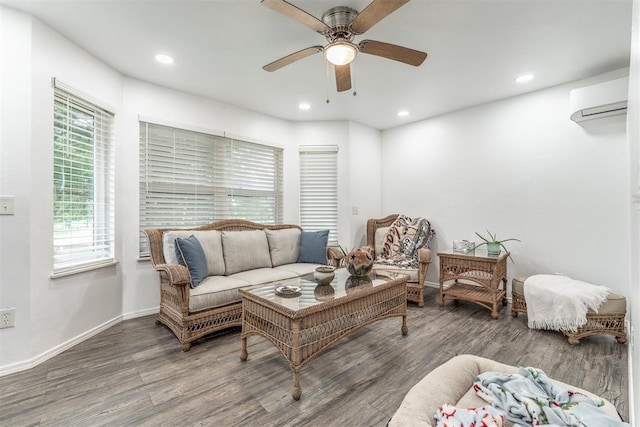 1400 S May Ave, Guthrie, OK 73044 - living area featuring a wall mounted AC, wood finished floors, ceiling fan, recessed lighting, and baseboards