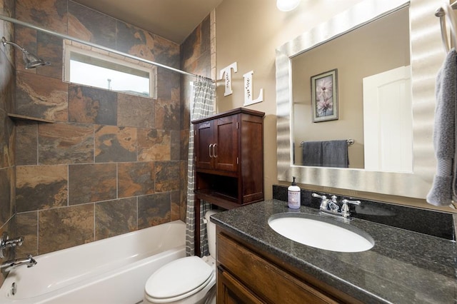 bathroom with vanity, shower / bathtub combination with curtain, and toilet