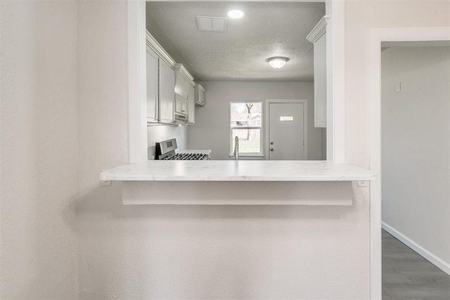 941 SW 48th St, Oklahoma City, OK 73109 - kitchen featuring gas range oven, light countertops, baseboards, a textured ceiling, and a peninsula