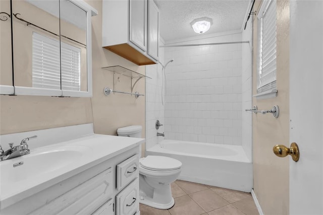 full bath with a textured ceiling, toilet, shower / bath combination, tile patterned floors, and vanity
