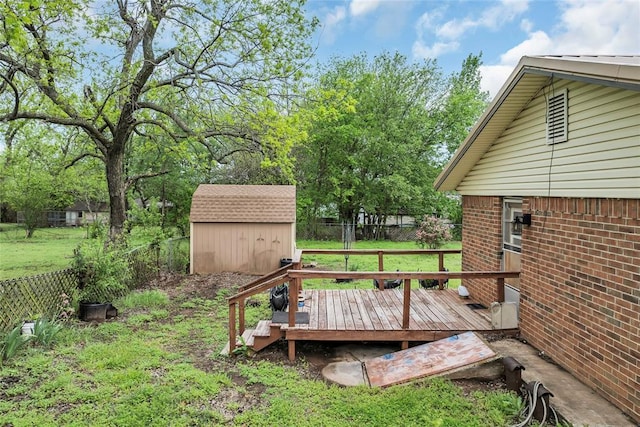 view of yard featuring an outdoor structure, a storage shed, a wooden deck, and a fenced backyard