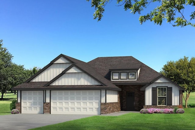 view of front of home featuring board and batten siding, a front yard, brick siding, and a garage