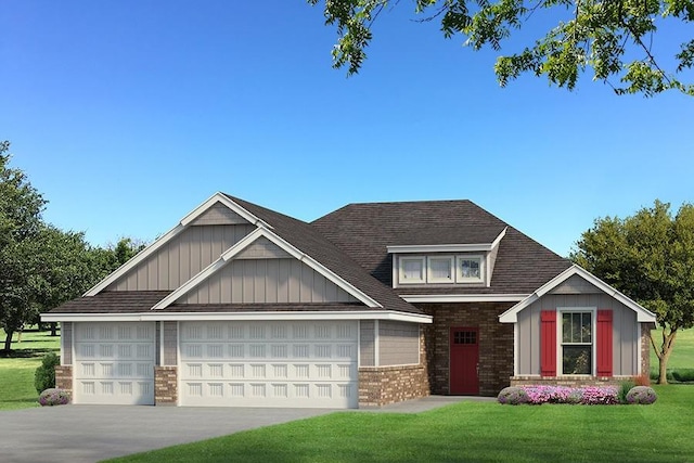 craftsman house with a front yard, driveway, board and batten siding, brick siding, and an attached garage