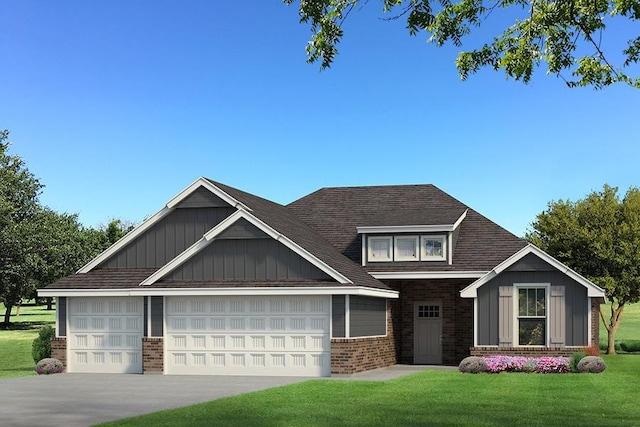 craftsman-style house with brick siding, board and batten siding, a front yard, and an attached garage