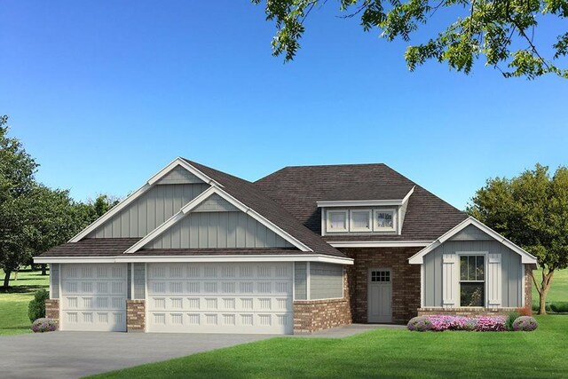 craftsman-style house featuring concrete driveway, board and batten siding, a front yard, an attached garage, and brick siding