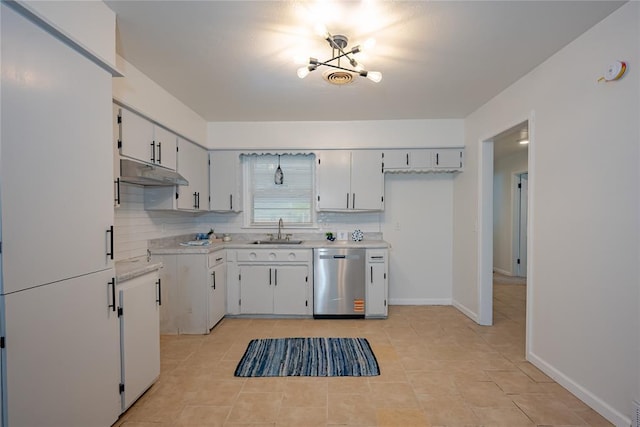 kitchen featuring a sink, under cabinet range hood, tasteful backsplash, light countertops, and stainless steel dishwasher