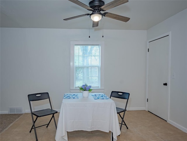 dining room featuring baseboards, visible vents, and a ceiling fan