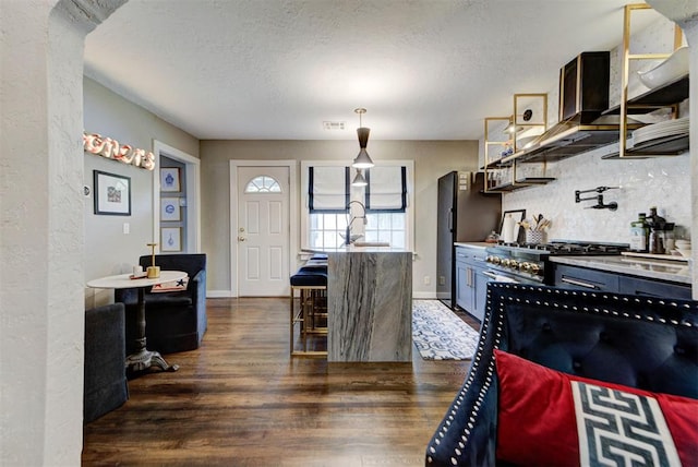 kitchen with ventilation hood, stainless steel appliances, a textured ceiling, and dark wood finished floors