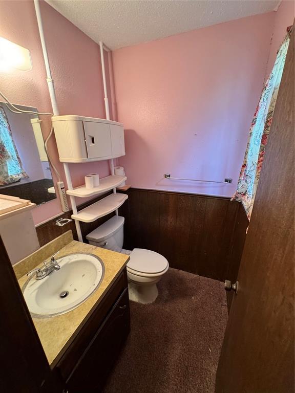 bathroom with vanity, a textured ceiling, and toilet