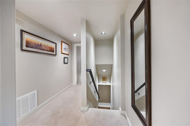 1119 Glenwood Ave, Nichols Hills, OK 73116 - hallway featuring recessed lighting, an upstairs landing, carpet flooring, baseboards, and visible vents