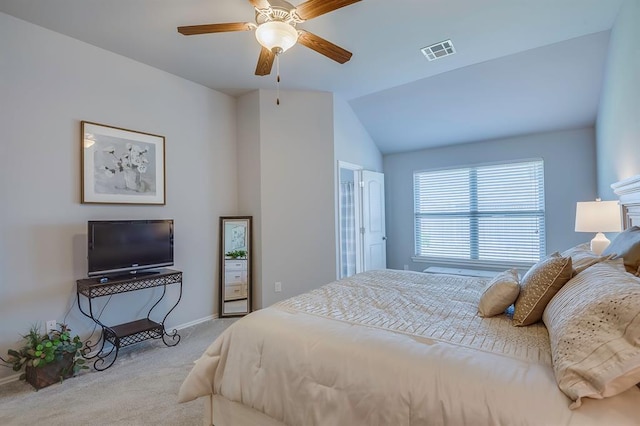 bedroom with a ceiling fan, visible vents, baseboards, lofted ceiling, and carpet flooring