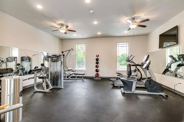 gym with ceiling fan, recessed lighting, visible vents, and baseboards