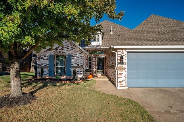 traditional-style house featuring a shingled roof, a front lawn, brick siding, a garage, and driveway