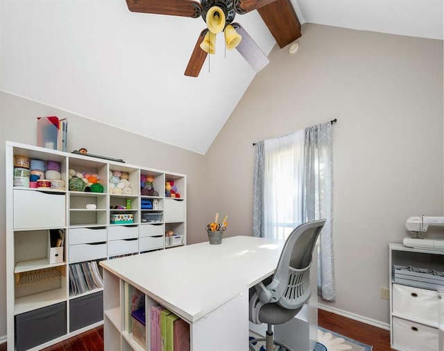 office space with lofted ceiling with beams, dark wood-style flooring, and ceiling fan