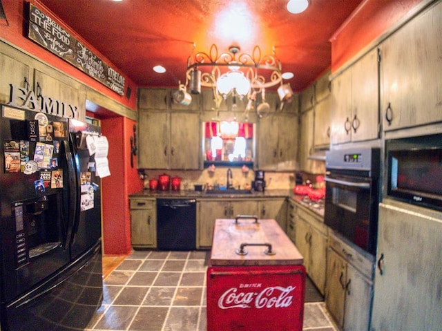 1818 N Union Ave, Shawnee, OK 74804 - kitchen with black appliances, a sink, recessed lighting, a chandelier, and under cabinet range hood
