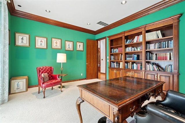 4200 Oakdale Farm Cir, Edmond, OK 73013 - office featuring ornamental molding, carpet flooring, baseboards, and visible vents
