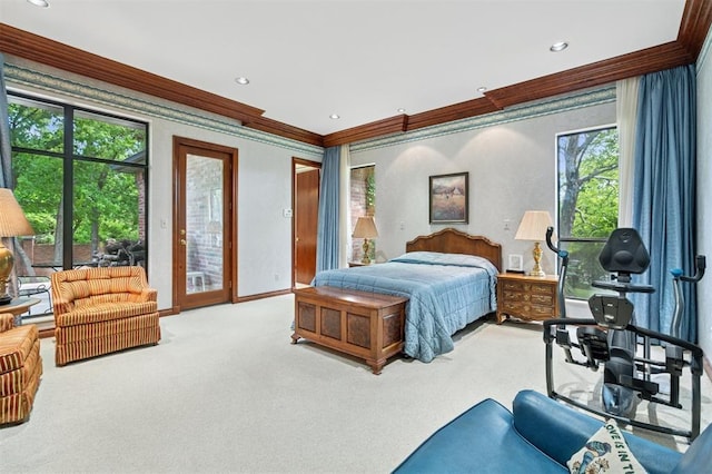4200 Oakdale Farm Cir, Edmond, OK 73013 - bedroom with ornamental molding, carpet, baseboards, and recessed lighting