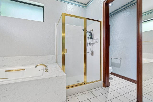 4200 Oakdale Farm Cir, Edmond, OK 73013 - full bath featuring a stall shower, toilet, a bath, tile patterned flooring, and a textured wall