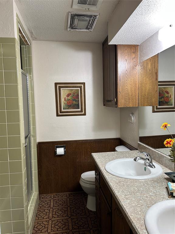 full bath featuring a sink, a stall shower, toilet, and a textured ceiling