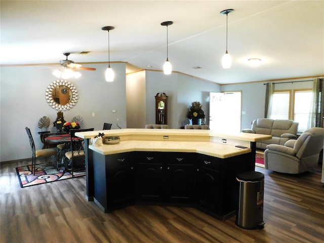 kitchen featuring dark cabinets, light countertops, dark wood-style floors, open floor plan, and a ceiling fan