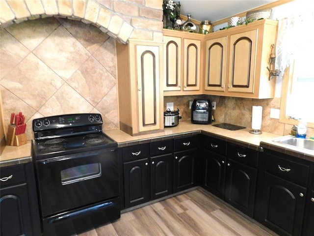 kitchen featuring light wood-style floors, backsplash, dark cabinetry, a sink, and black electric range oven