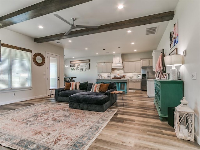 living area featuring visible vents, beam ceiling, ceiling fan, recessed lighting, and light wood-type flooring